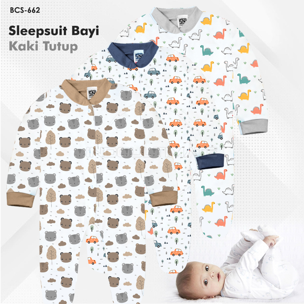 1Pcs Jumper Panjang Kaki Tutup Sleepsuit Piyama Newborn SNI Jumsuit Full Print Baju Panjang Bayi Katun Model Terbaru 2023 BCS-662 Baju Tidur Panjang Kaki Tutup Murah Kualitas Terbaik