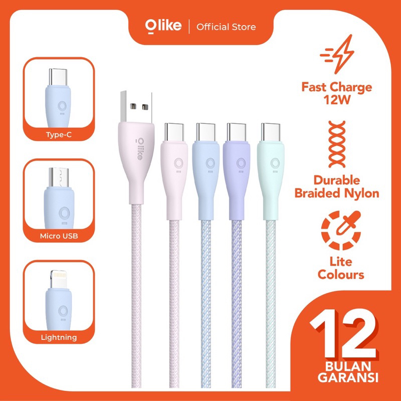 OLIKE D201M / D201C / D201L Kabel Data Charger FAST CHARGING 12W USB MICRO TYPEC IPHONE - Garansi 1 Tahun