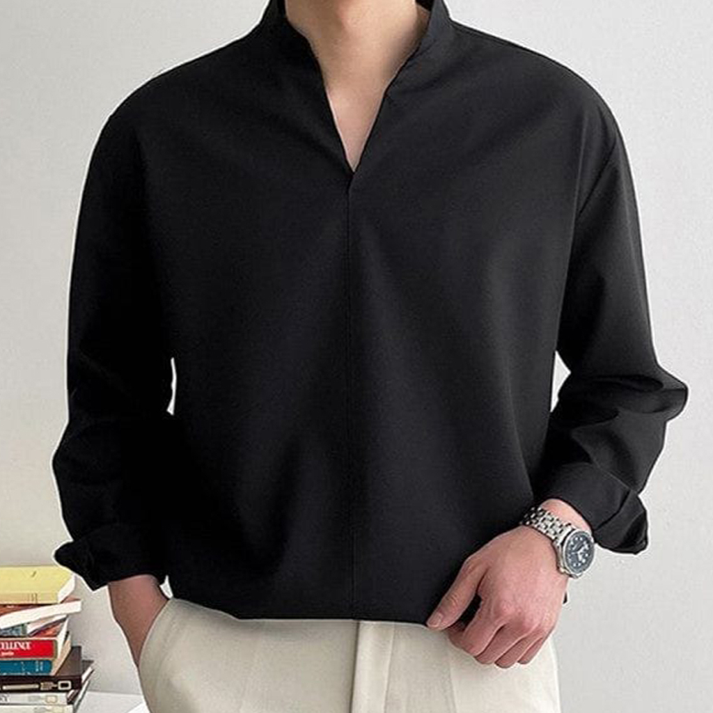Kemeja Pria Casual Lengan panjang Putih V Neck Hitam