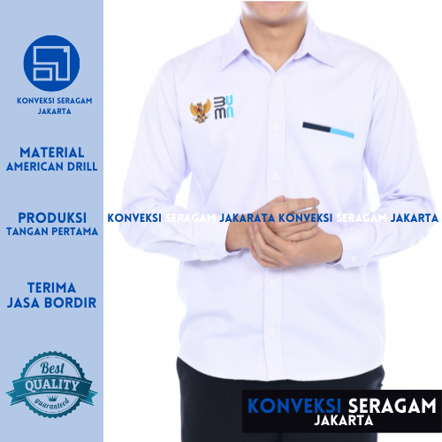 Seragam Kerja BUMN Kemeja Kerja BUMN Lengan Panjang Warna Putih Bahan American Drill Custom Bordir Satuan