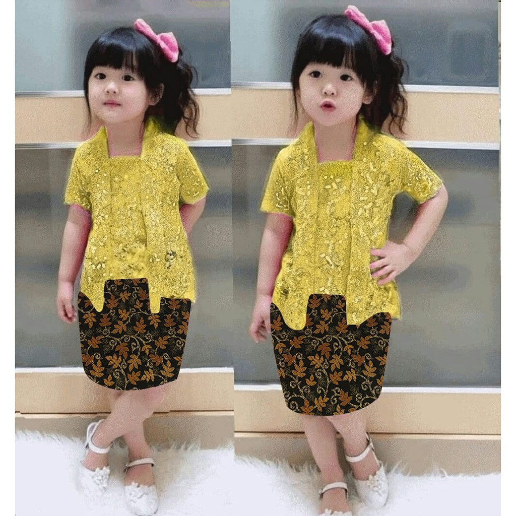 Caca Set Kebaya Anak Warna Kuning Gold Mustard Setel Setelan Dengan Rok Batik Ukuran Usia 2-4 Tahun 