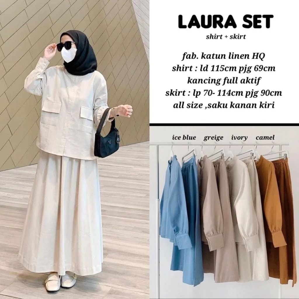 Laura Set Atasan Tunik Bawahan Rok Bawahan Linen Setelan Baju Muslim Polos Pakaian Wanita Kekinian B