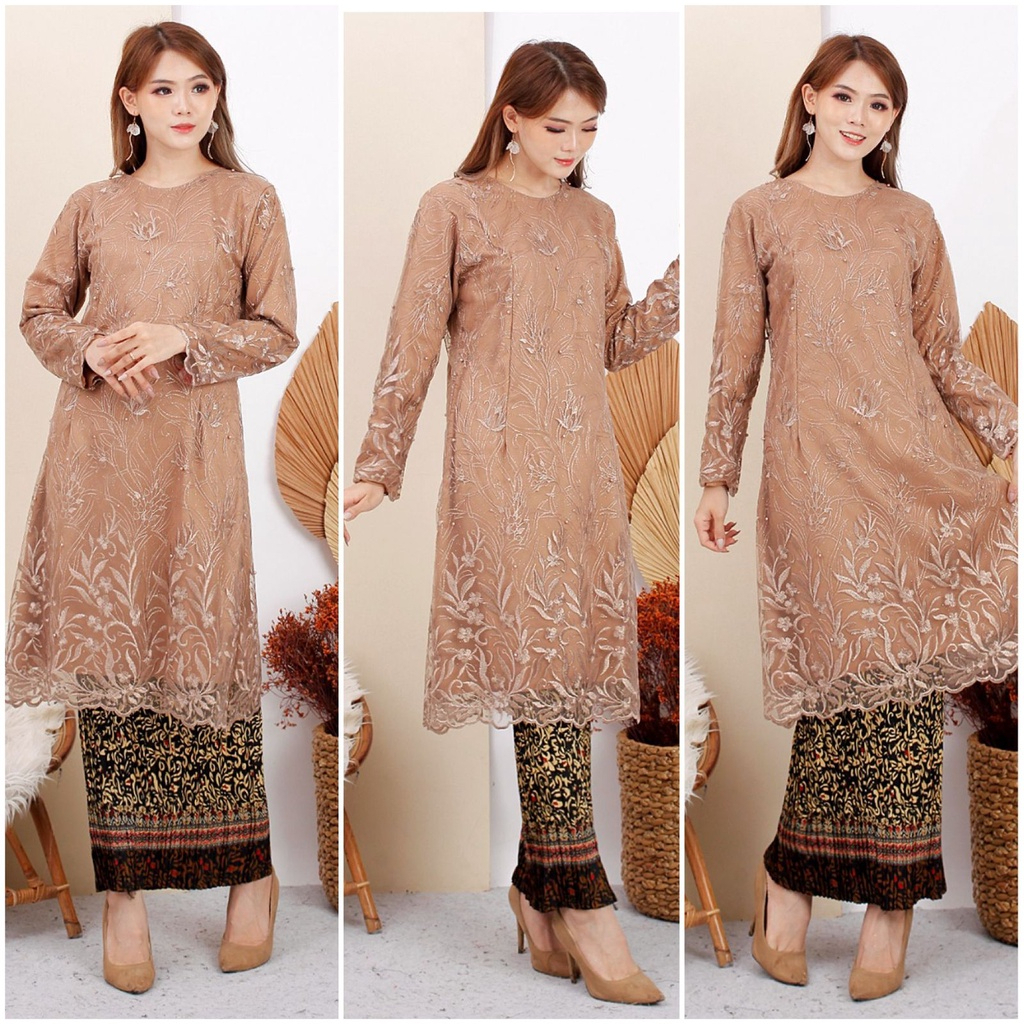 Utari Set Kebaya Warna Coklat Tua Susu Mocca Moka Dan Rok Plisket Kebaya Bordir Dengan Sentuhan Muti