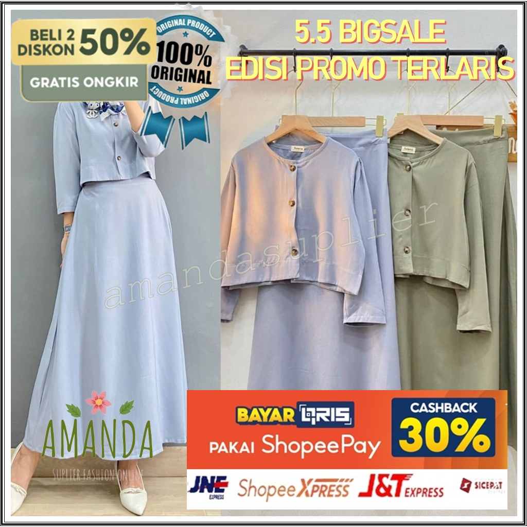 AMANDA BAJU GAMIS SETELAN SULTAN SOFT BLUE 3IN1 POLOS ATASAN ROK SYARI ATAS BAWAH TERBARU REMAJA WAN