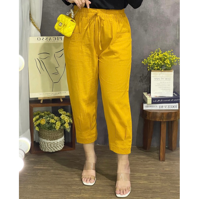 Hinata Pants Celana 7/9 Korean Style Bahan Linen Crinkle