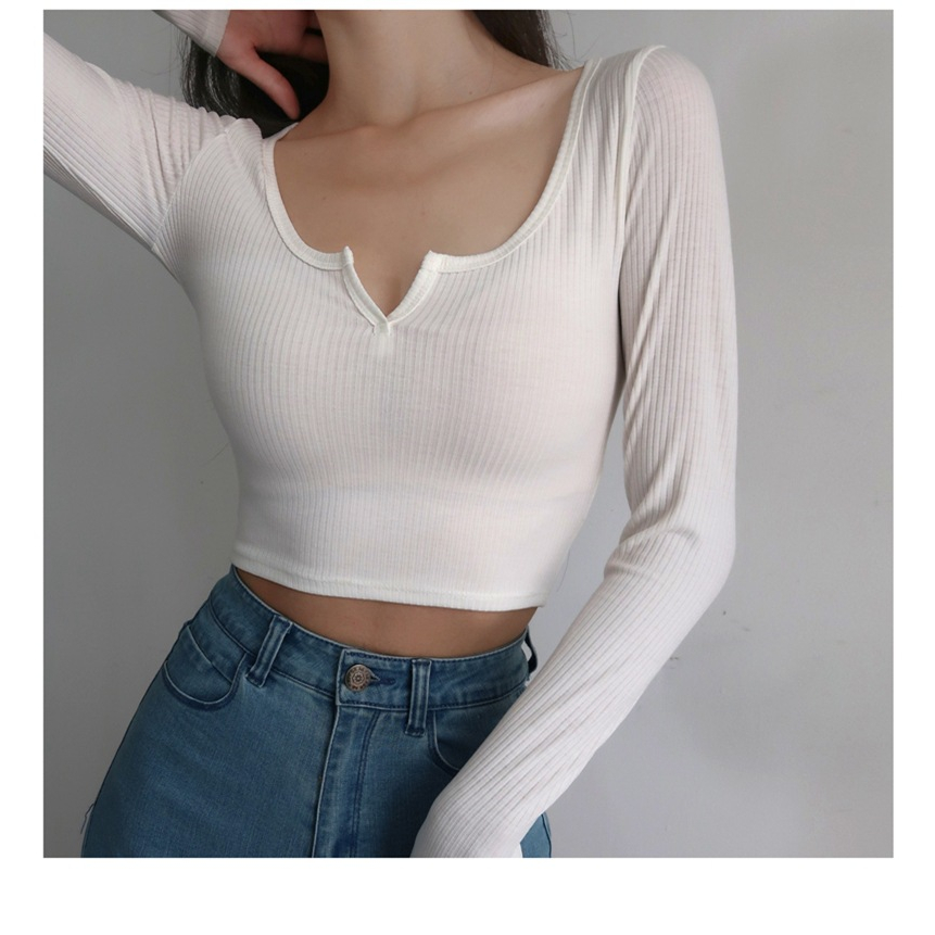 RSB BJ383 Crop Top Long Sleeve Kaos Crop Top Lengan Panjang Scoop Neck Rib-knit