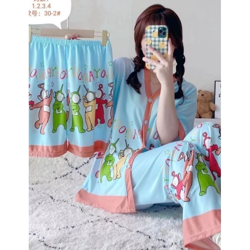 RULIF Setelan Piyama Baju Tidur Wanita Cuttie Vneck 3in1(atasan Lengan pendek celana panjang celana pendek)