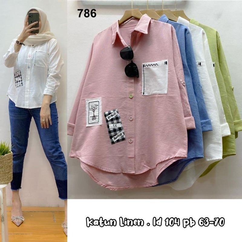 Atasan Kemeja Katun Linen Import Polos Kantong Depan FellA#786#