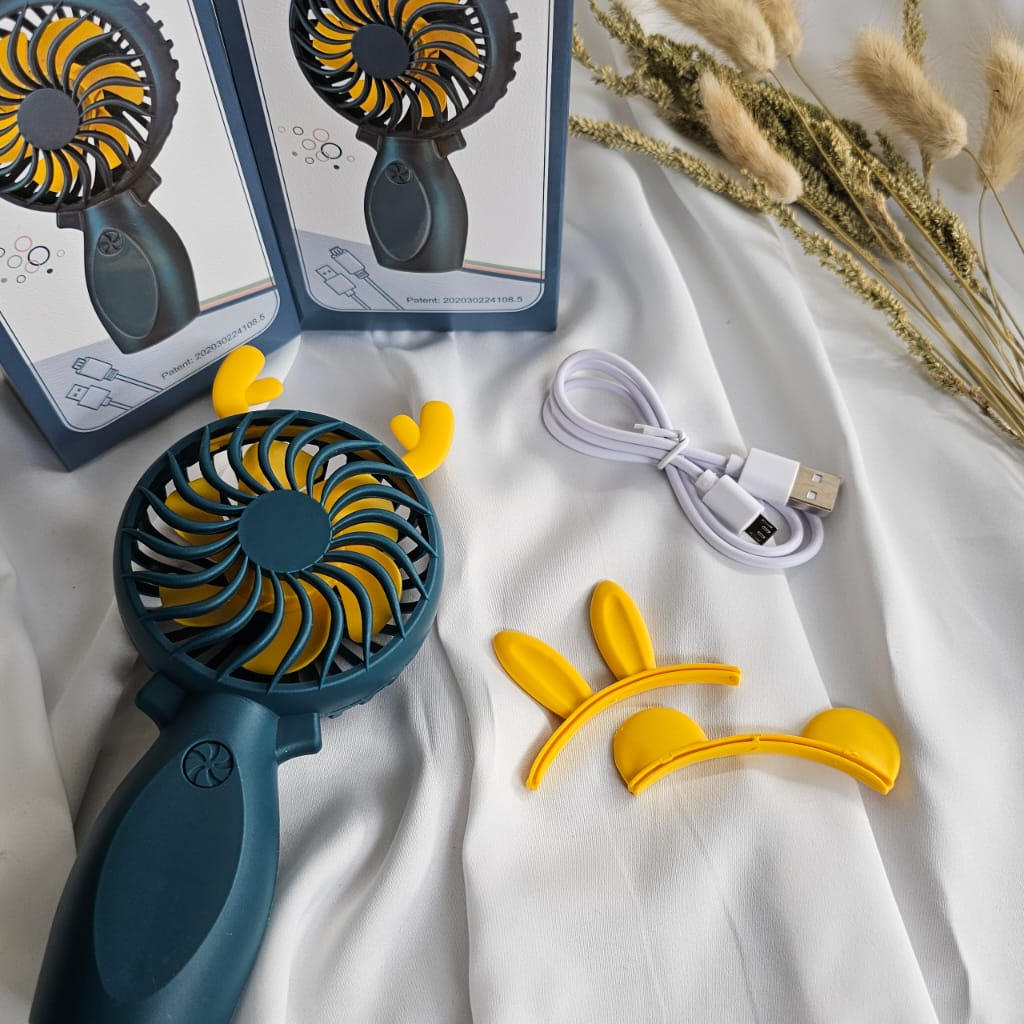 KIPAS ANGIN MINI PORTABLE GENGGAM USB CAS MOTIF TANDUK KELINCI KUCING KENCANG TAHAN LAMA PREMIUM QUA