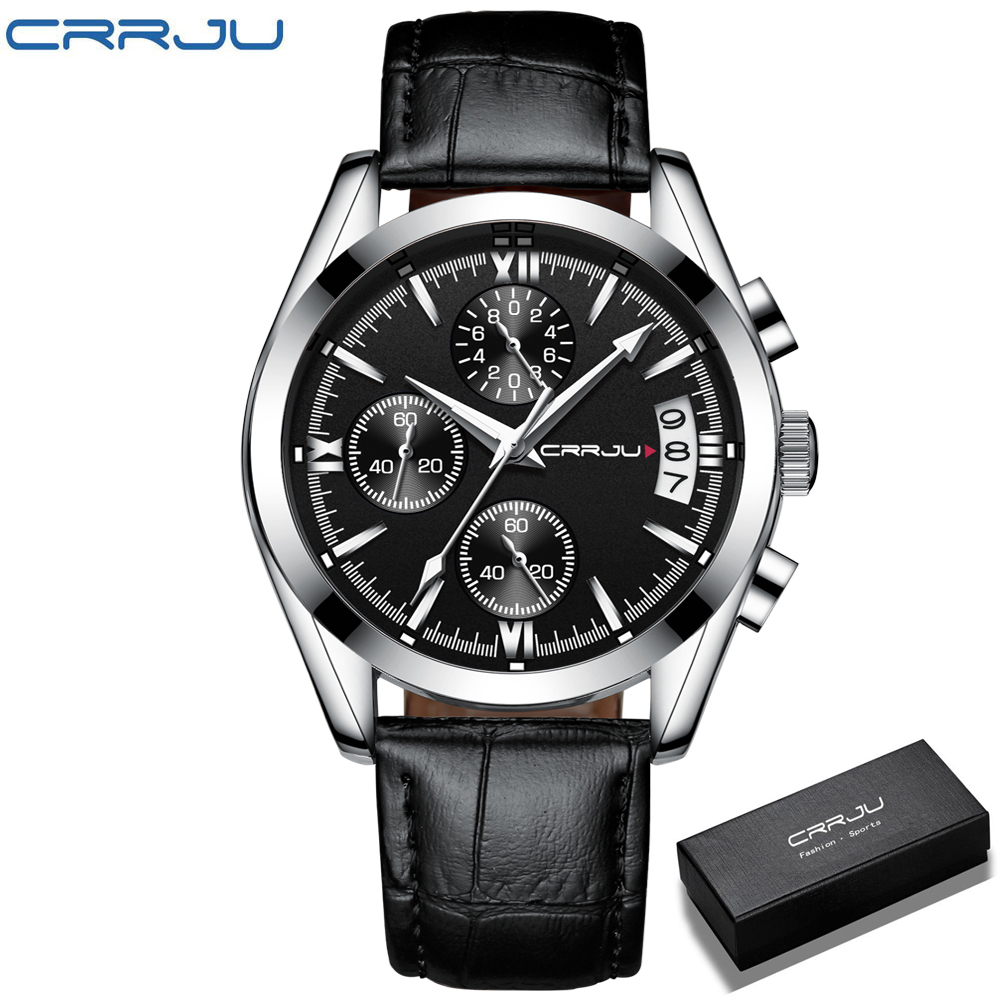 Jam Tangan Pria CRRJU Korean Fashion Casual Quartz Jam Sport Chronograph Kulit Anti Air untuk Watches