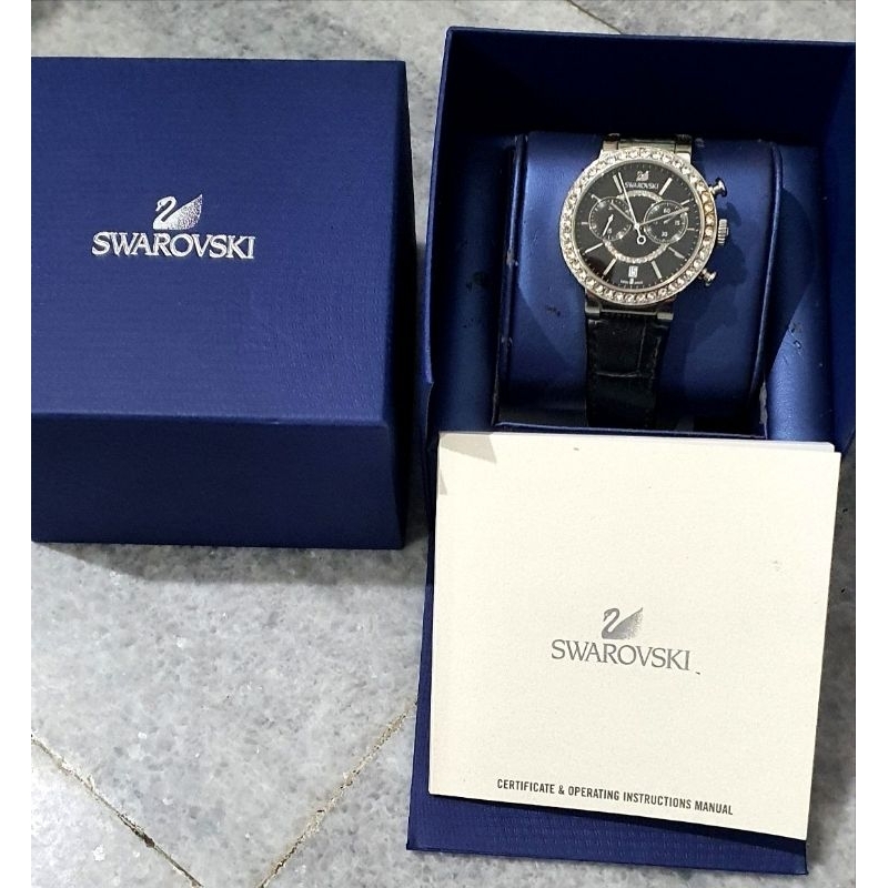 Swarovski Watch Black ORIGINAL leather stainless steel Crystal kulit asli jam tangan wanita
