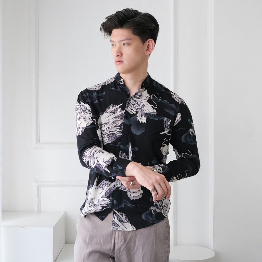 SANVANINA Kemeja Panjang Pria Motif Hawaiian Slim Fit - Long Hawai Dragon E-8508
