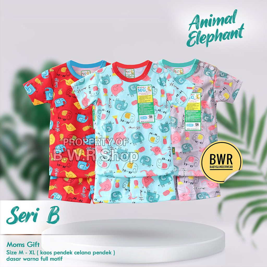 [ HARGA 3pc ] Setelan PENDEK Moms Gift Elephant Terbaru / Baju Bayi Setelan Piyama Anak Unisex Pendek Baju Tidur 03 | Bwr