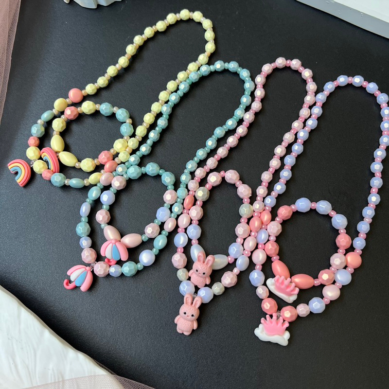 CLARA SET KALUNG &amp; GELANG ANAK PEREMPUAN | Girls Rainbow Charm Beaded Necklace &amp; Bracelet