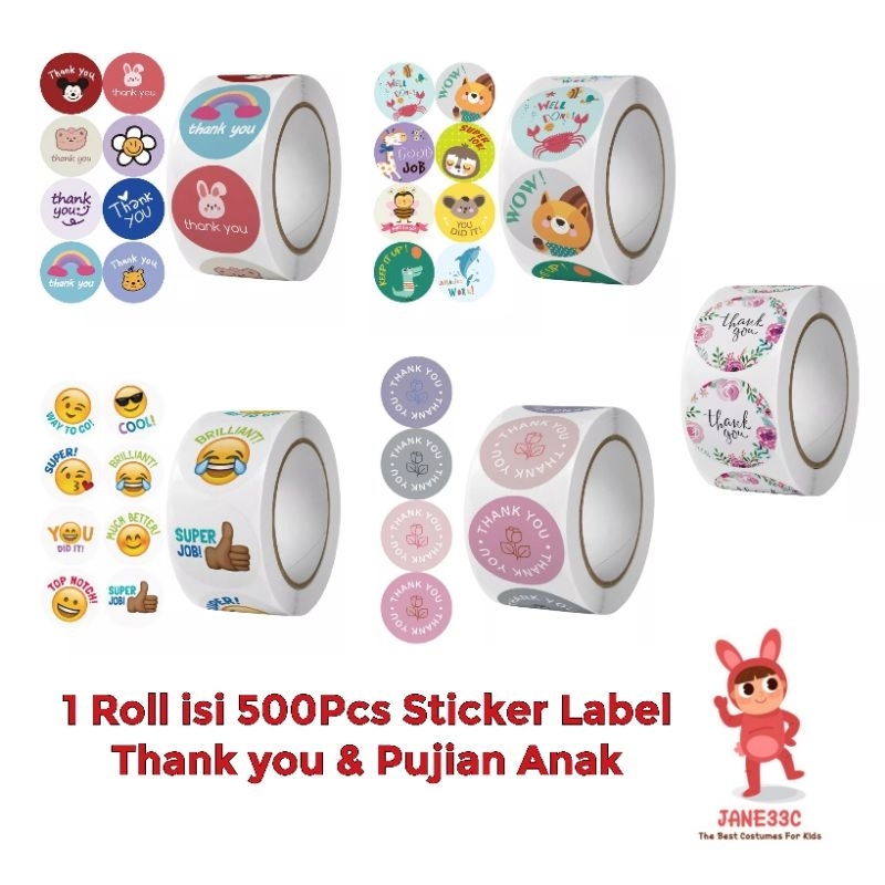 

1 Roll isi 500pcs Sticker Label Thank you dan Pujian Anak