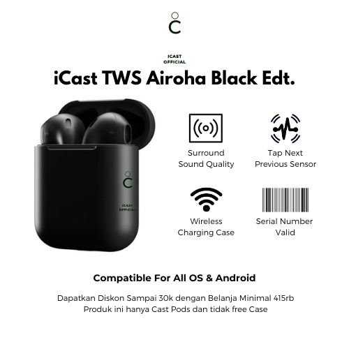 iCast TWS Cast Pods Gen 2 Airoha Black Edition Wireless Charging Case By iCast Official