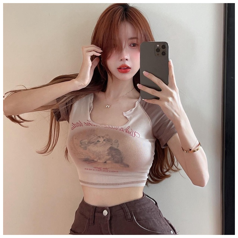 TJM BJ381 Crop Top Korean Cuties Cat T-shirt Baju Kaos Pendek Motif Kucing