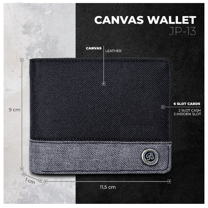 GROSIR 50 PC!! Dompet Kanvas Kombinasi Hitam Abu Berkualitas Premium Dompet Pria Bahan Kulit Kanvas Pendek + Box