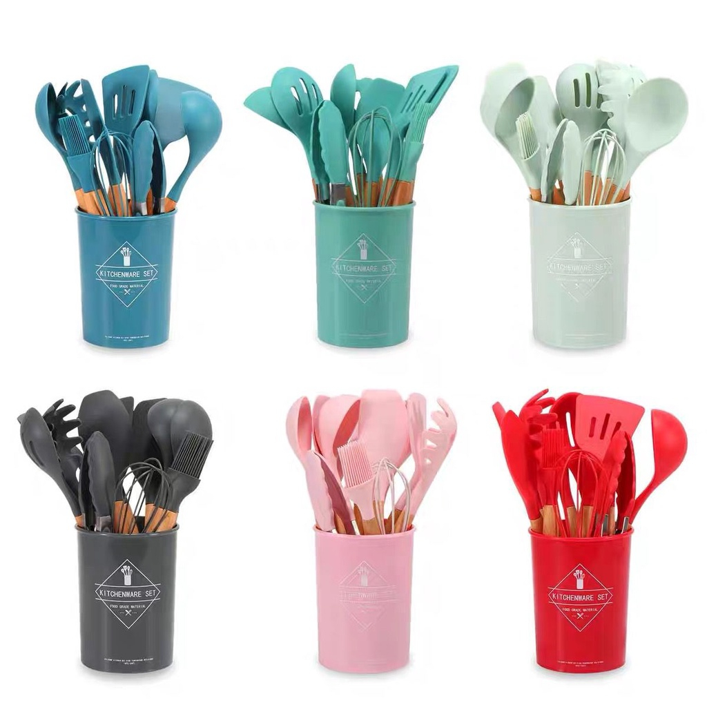 Silicone Utensil 11Pcs+Wadah Spatula Peralatan Masak Sutil Pegangan Kayu Baking Set Alat Masak Peralatan Masak Goreng Tumis Rebus Panggang Sutil Spatula Silikon