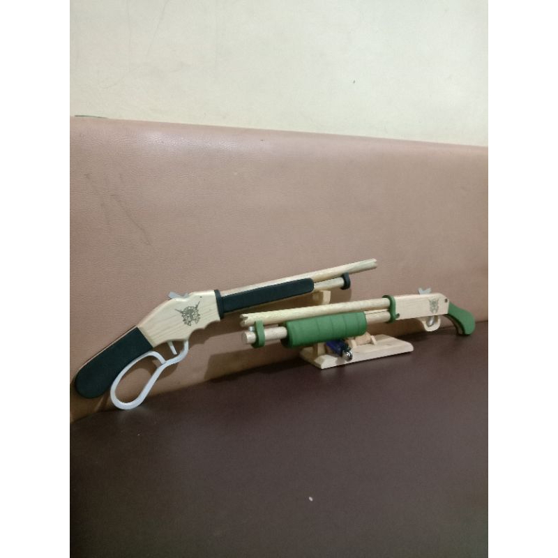 mainan anak kayu shotgun putar karet gelang