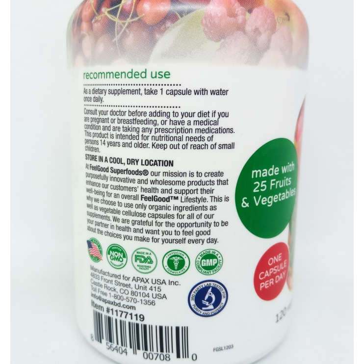 Feel Good Vita Fruit + Veggies 100% Vitamin A C D E B &amp; Zinc 120 Vcap