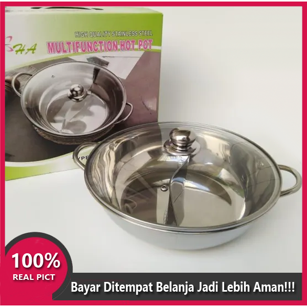 Panci Shabu Shabu Sekat 36CM / panci sekat tutup kaca / panci sekat 2 stainless