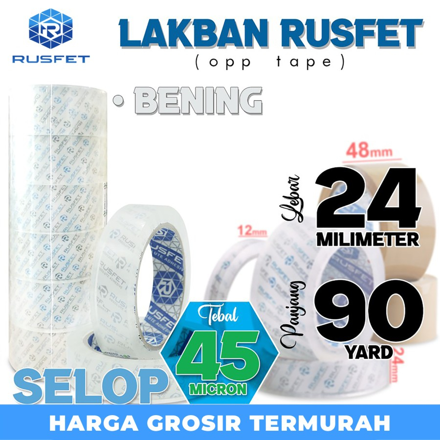 

Lakban isolasi Solatip 24mm x 90yard OPP Tape RUSFET Plakban / SELOP - Bening