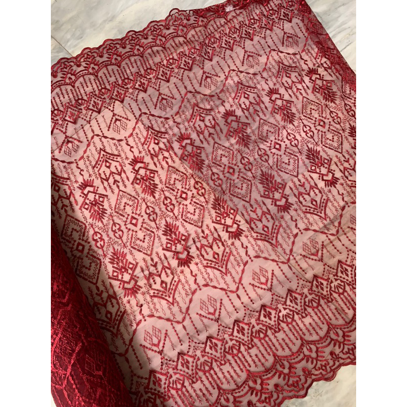 Kain Bahan Kebaya Brukat Tile Bordir Etnik Modern Madeline 3 Warna Merah Maroon Marun