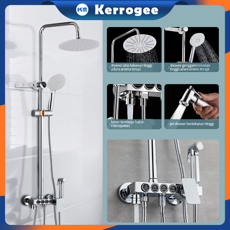 KERROGEE Shower Kamar Mandi 4 Dalam 1 Set Dengan Faucet /Shower Tiang Set Panas-Dingin/Set pancuran tembaga lengkap /4 Tombol Fungsi