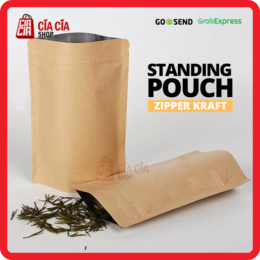 Kemasan Standing Pouch Zipper Alu Eco Kraft Fd.Grd Kedap Cahaya 18x29