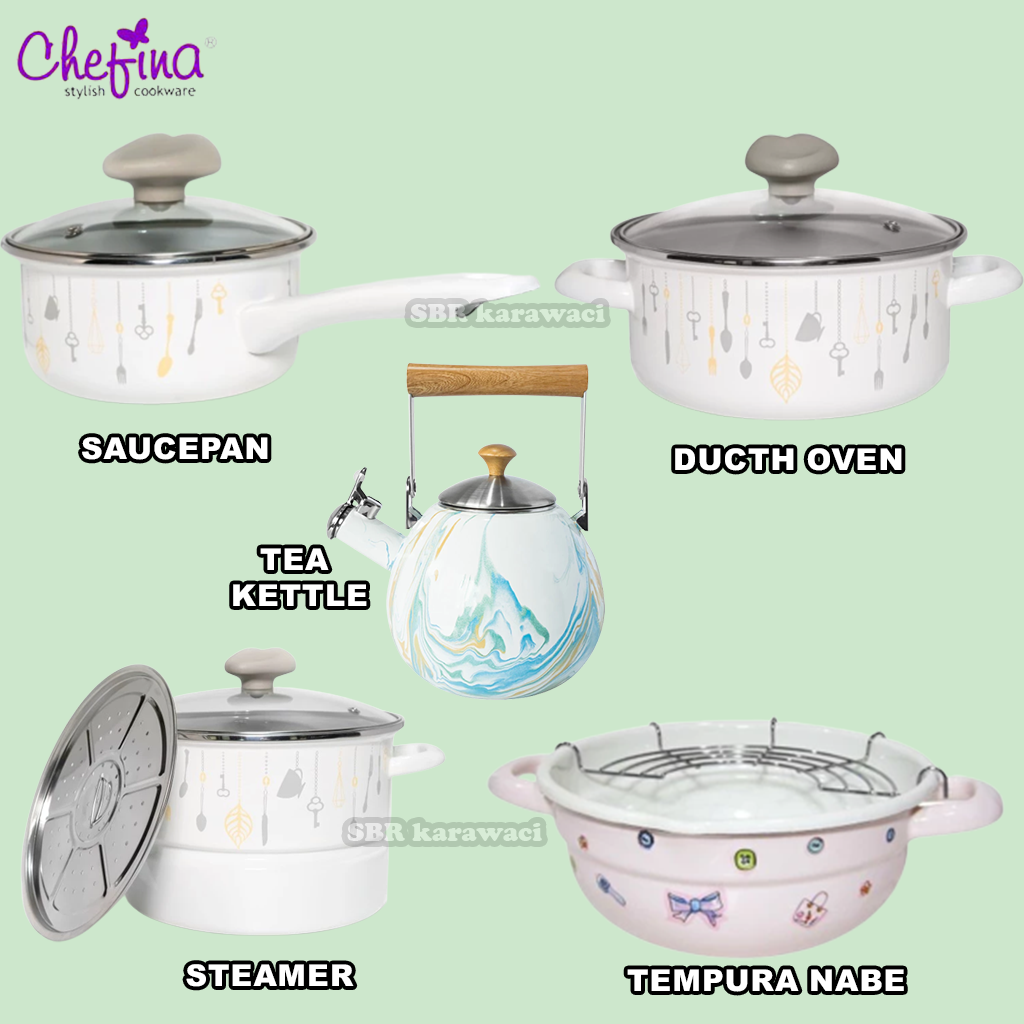 Panci Enamel Marble Chefina - Panci Kuping 18, 20 & 24cm, gagang 16cm dan steamer 22cm + tutup kaca