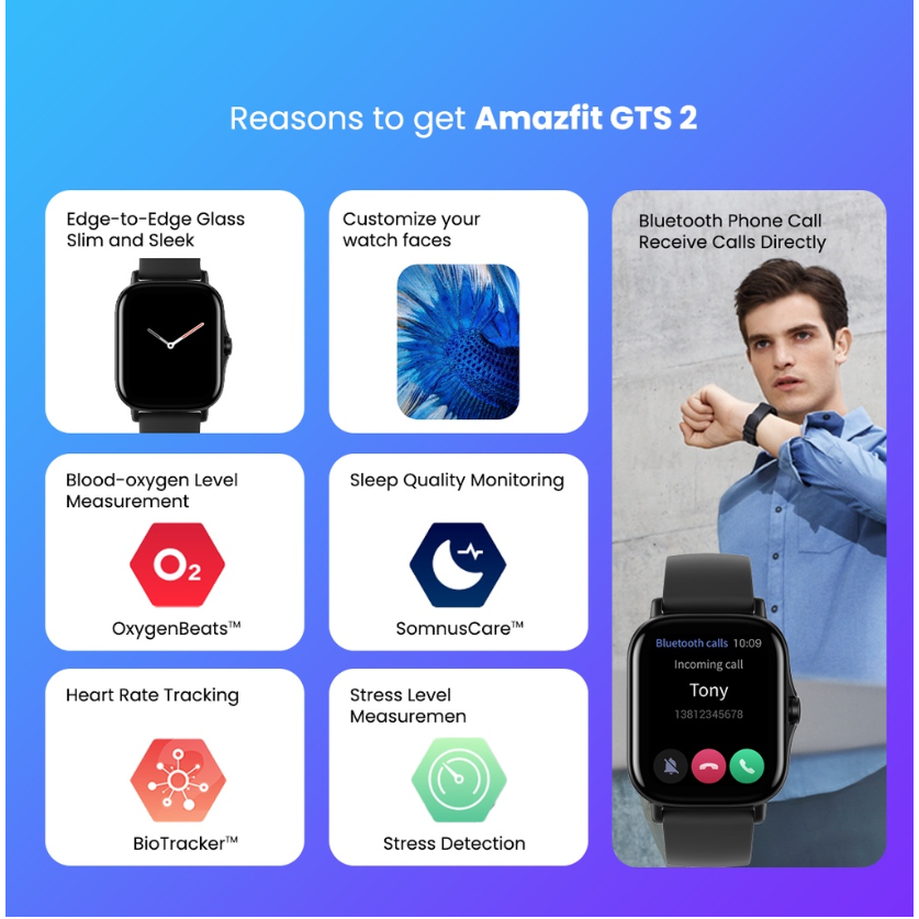 Amazfit GTS 2 Smartwatch 1.65 HD AMOLED Always-On display, Receive Bluetooth phone call, GPS, jam tangan pria wanita with SpO2