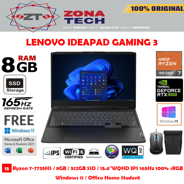 LENOVO Ideapad Gaming 3 - Ryzen 7-7735HS 8GB 512GB SSD RTX4050 6GB 15.6&quot;WQHD IPS 165Hz 100%sRGB W11 OHS