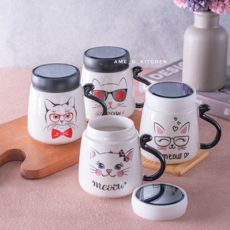 Mug bijian keramik tutup putar meow catty tail + gift box