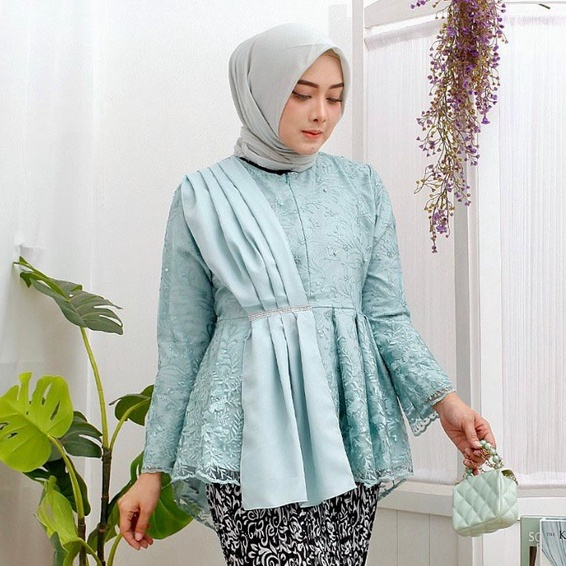 Selendang Set Setelan Tunik Kebaya Selendang + Rok Plisket Batik Warna Hijau Biru Tosca Mint Brukat 