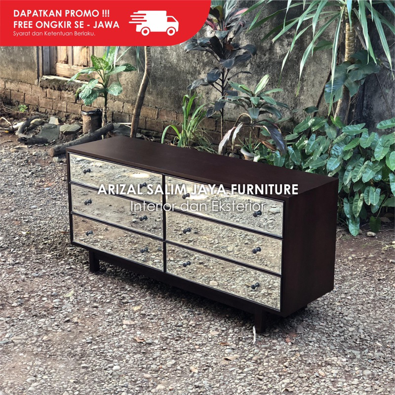 Buffet Meja Kabinet TV Jati 6 Laci Kombinasi Kaca