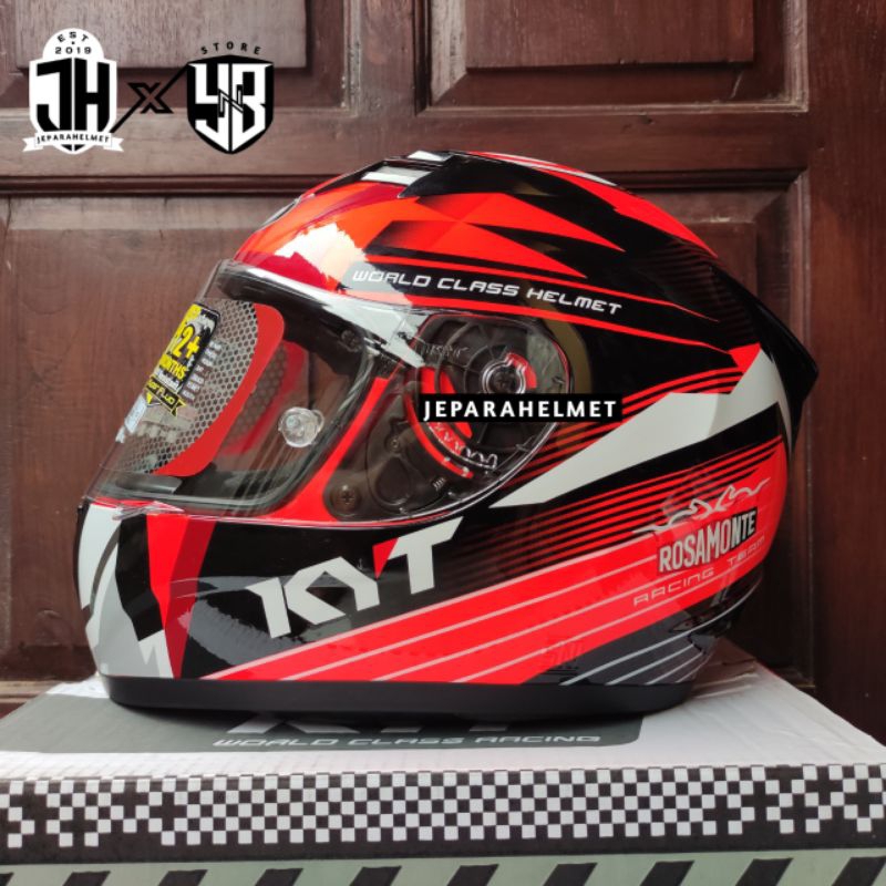 Helm Full Face KYT R10 Motif Seri 3 Race Edition Rosamonte Red Fluo White Glossy Flat Visor Clear Or