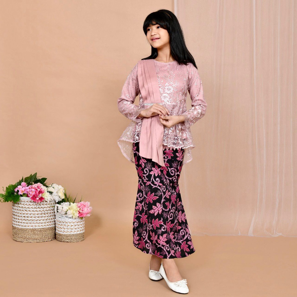 Deva Set Kebaya Anak Usia 6-9 Tahun Warna Merah Muda Pink Dusty Lilac Rosegold Brukat Tile: Detail B