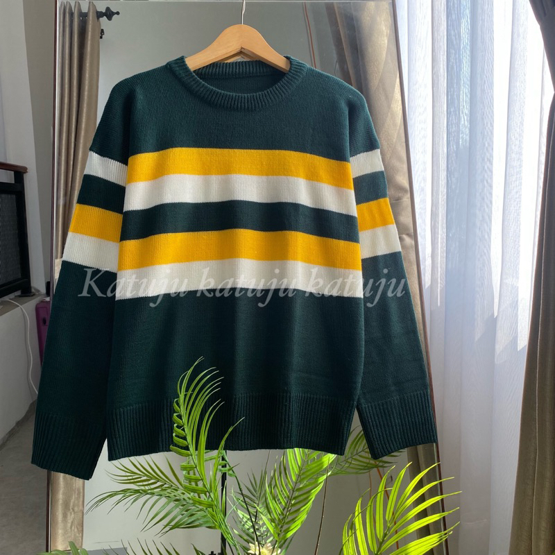 BLOUSE RAJUT KERAH BULAT MOTIF GARIS TIWI