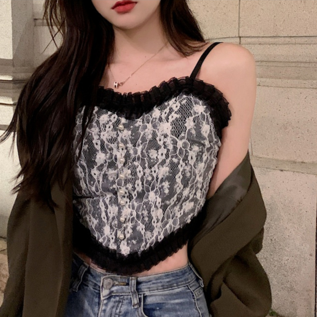 Floral Rajut Kamisol Vintage Bordir Lace Tanktop Kekinian Crop Top Premium