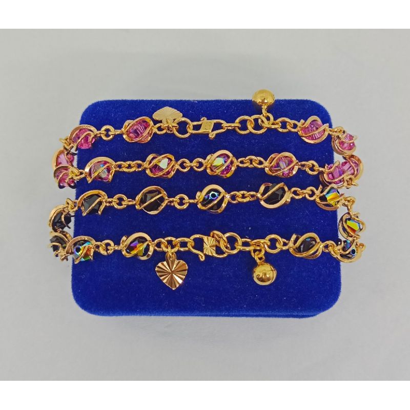 gelang tangan rantai kristal sangkar +1 love ukur + 1 bel / gelang peram asli silver 925 lapis emas/ gelang fashion terbaru