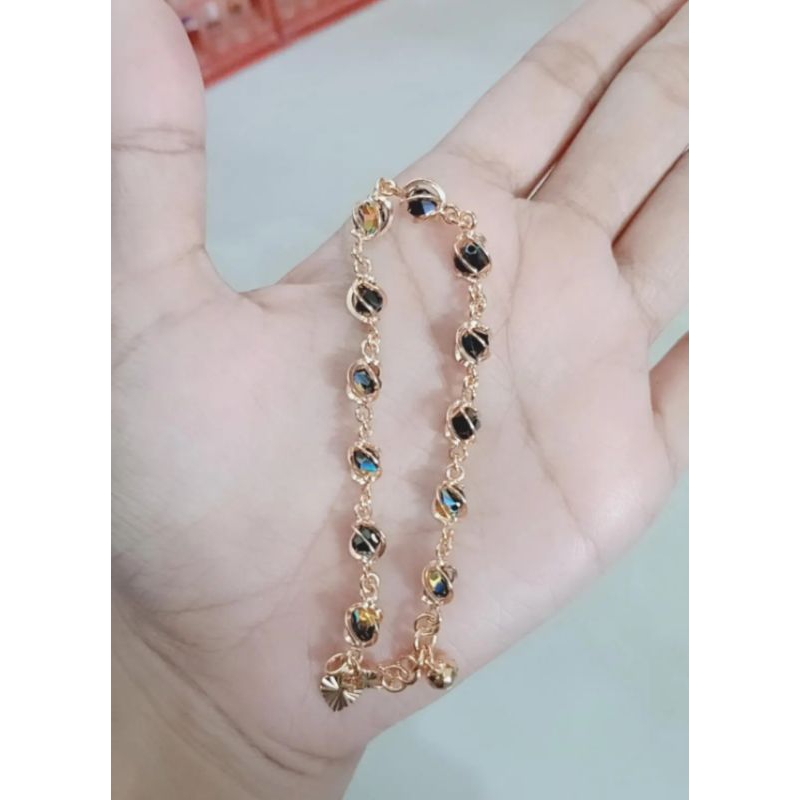 gelang tangan rantai kristal sangkar +1 love ukur + 1 bel / gelang peram asli silver 925 lapis emas/ gelang fashion terbaru