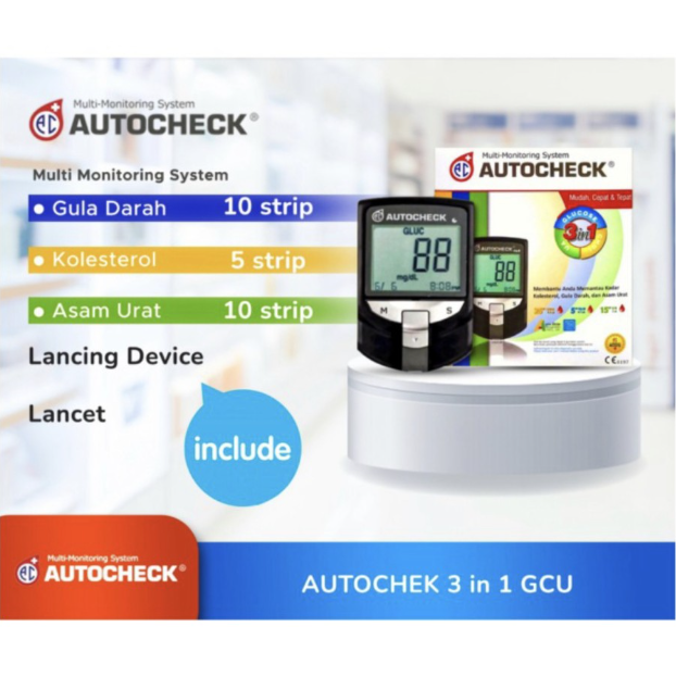 Autocheck Alat GCU Mesin Auto Check Tes Gula Darah Cek Asam Urat Dan Kolesterol 3 In 1 Bonus Strip