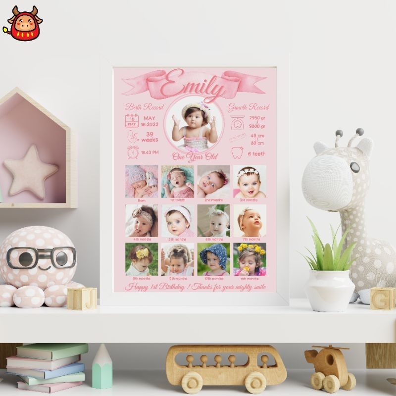 One Year photo frame My First Year photo board Baby photo frame baby milestone photo frame 1 year old gift baby boy girl hadiah kado ulang tahun anak 1 tahun foto frame