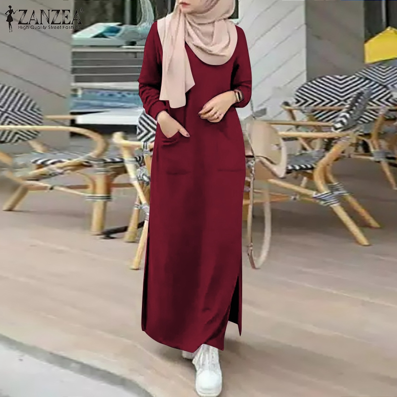 ZANZEA Women Muslim Casual Fashion Solid Long Sleeve O Neck All-match Maxi Dress