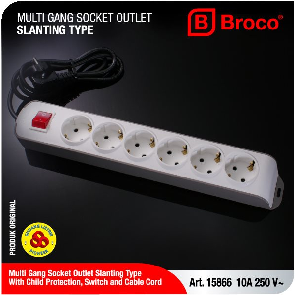 Broco Stop Kontak 6 Lubang Miring CP 15866 + Saklar Lampu + Kabel 1,5M