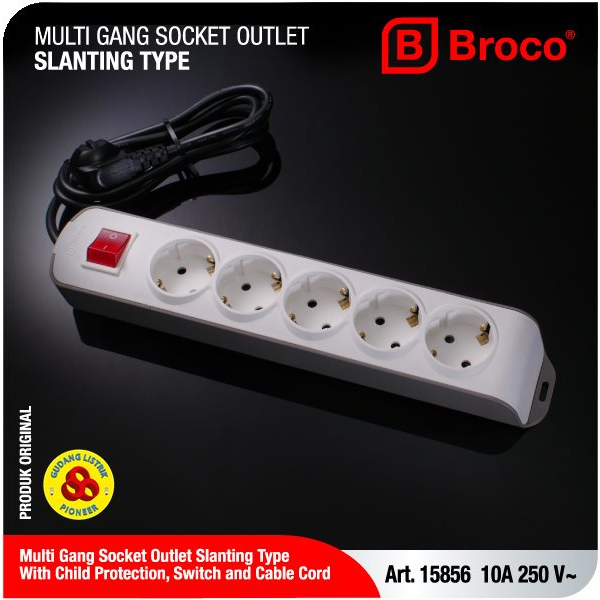 Broco Stop Kontak 5 Lubang Miring CP 15856 + Saklar Lampu + Kabel 1,5M