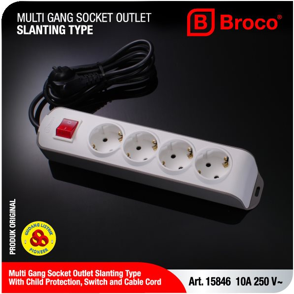 Broco Stop Kontak 4 Lubang Miring CP 15846 + Saklar Lampu + Kabel 1,5M