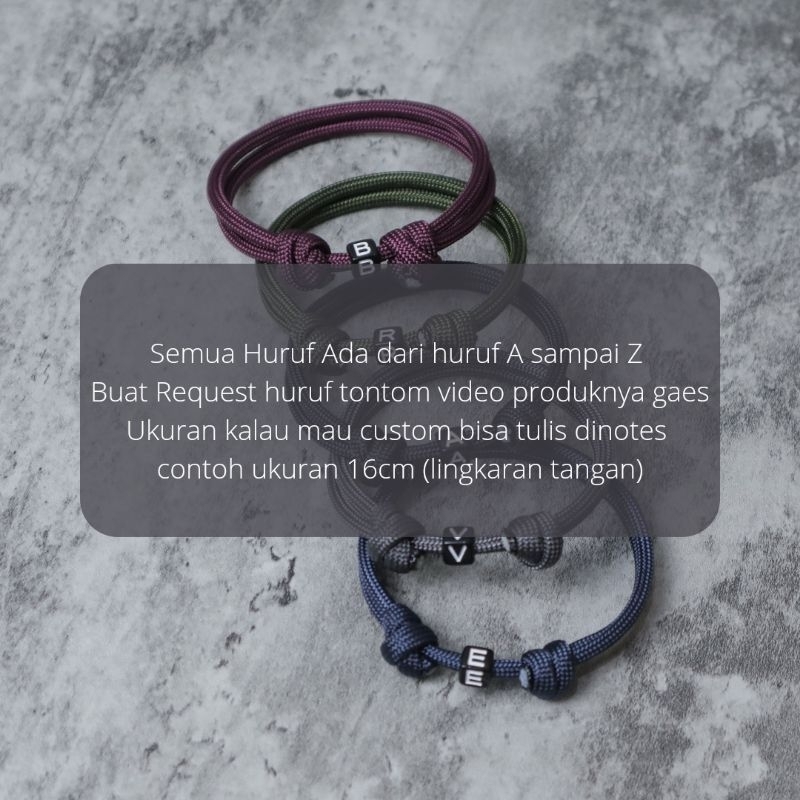 Gelang Couple Inisial Huruf Nama Pria Wanita Alfabet Kapel Copel Tali Paracord 4mm Bracelet Pasangan Pacar Kado Gift Custom