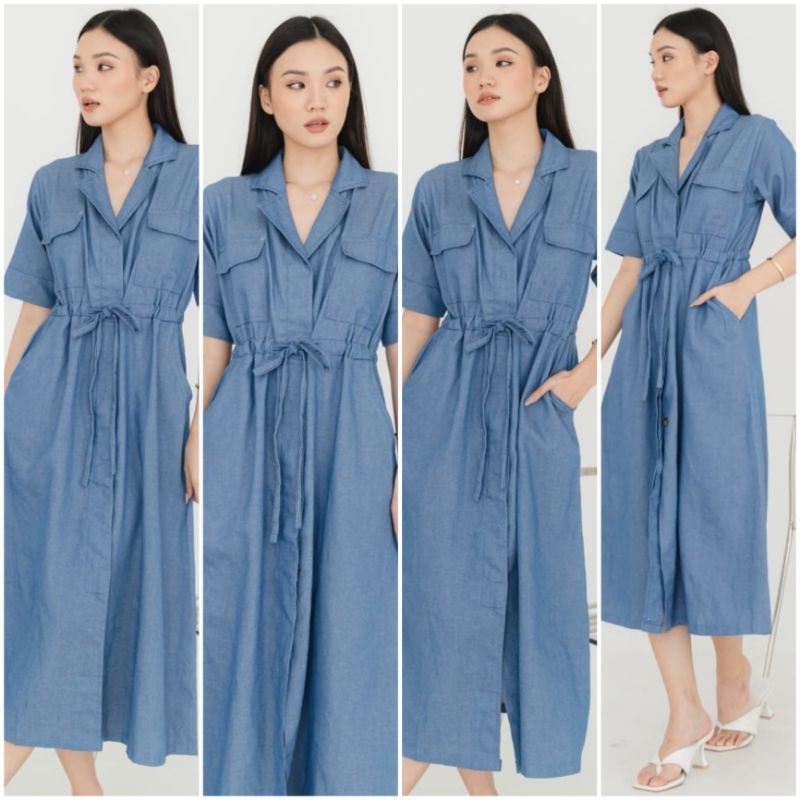 ❣️ SPECIAL PRICE ♡ PREMIUM ♡ ORIGINAL ! JEANNE DENIM JEANS VINTAGE COLLAR BUTTON POCKET TIED MIDI DRESS LONG OUTER ( BUSUI FRIENDLY )